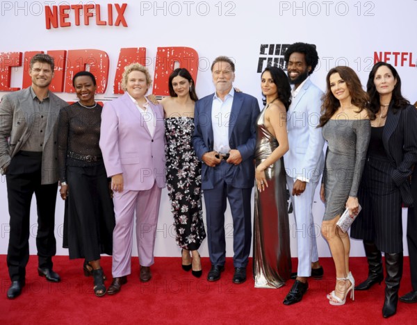 Monica Barbaro, Barbara Eve Harris, Fortune Feimster, Aparna Brielle, Fabiana Udenio, Arnold Schwarzenegger, Travis Van Winkle, Carrie-Anne Moss, and Milan Carter at Netflix's 'Fubar' Season 2 premiere held at the Tudum Theater in Hollywood, USA on June 11, 2025, Hollywood, CA, USA, Los Angeles, California, USA