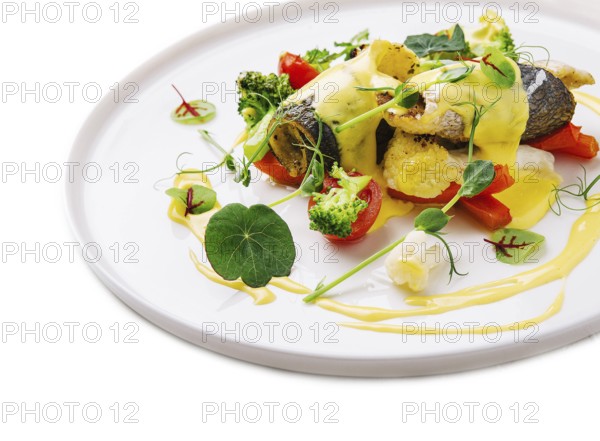 food still-life, Fresh baked sea fish with broccoli, carrots, vegetables and cheese