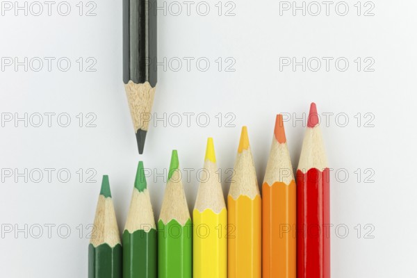 Conceptual crayons represented as successor energy label colors with black pencil that indicates the energy label
