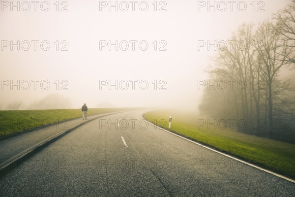 The Kraueler main dyke in the fog in Kirchwerder, Hamburg, Germany