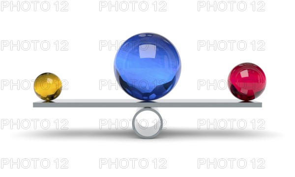 3d illustration of a blue red and yellow ball on a scale