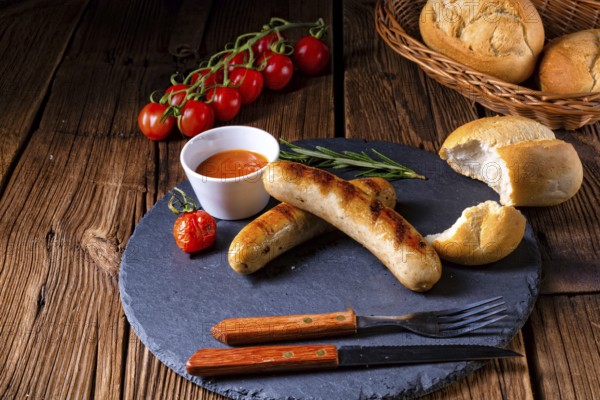 Rustic bratwurst with ketchup and fresh rolls
