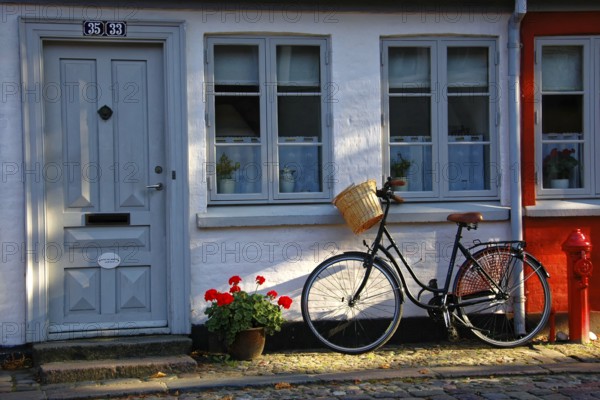 House entrance, Odense, Denmark, Europe, Black bicycle rests against an old house with floral decorations on windows