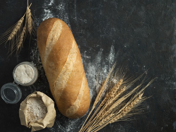 British White Bloomer or European sourdough Baton loaf bread on black background. Fresh loaf bread and glass jar with sourdough starter, floer in paper bag and ears. Top view. Copy space