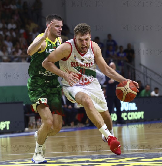 Samokov, Bulgaria - 1 July, 2022: Aleksandar Vezenkov (R) from Bulgaria is seen in action during the FIBA Basketball World Cup 2023 European Qualifiers