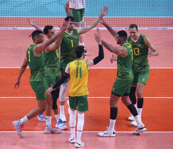 Sofia, Bulgaria - 24 June, 2022: Team of Australia is seen celebrating during a Volleyball World Championship group stage match between Bulgaria and Australia