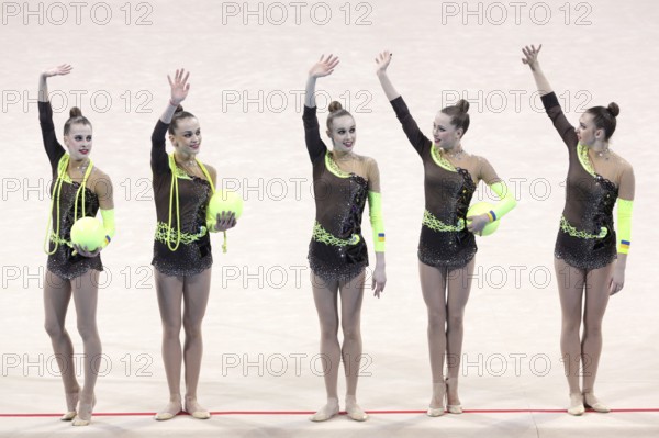 Sofia, Bulgaria - 7 May, 2017: Team Ukraine performs during Rhythmic Gymnastics World Cup Sofia 2017. Group tournament