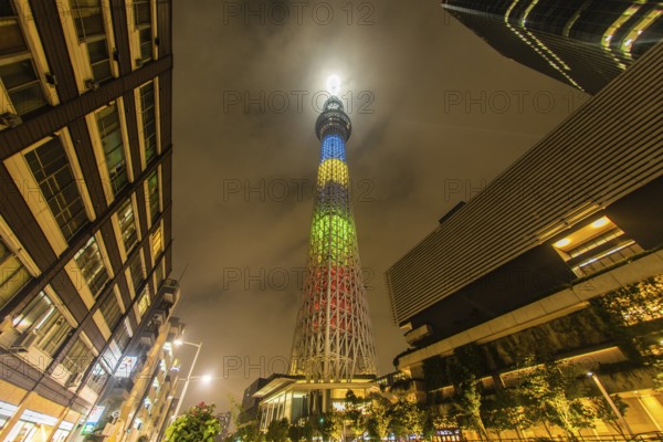 Tokyo Sky Tree of Olympic color. Shooting Location: Tokyo metropolitan area