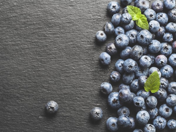 Top view of blueberries on gray slate background with copy space. Blueberry close up background. Bilberries border design