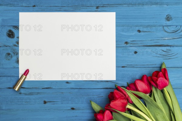 Red tulips, lipstick and a white sheet of paper for your greetings on the background of blue wooden board