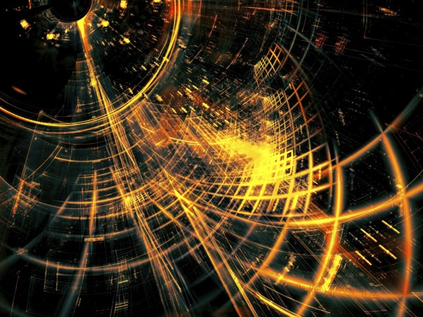 Dark gold abstract background - diagonal tunnel with grid. Computer-generated image - fractal. Sci-fi, hi tech or virtual reality design concept