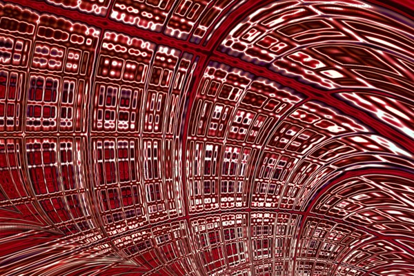 Abstract technology background - computer- generated image. Fractal geometry: distorted curved surface with cells of different sizes like a wall of a futuristic tunnel. For covers, posters, web design