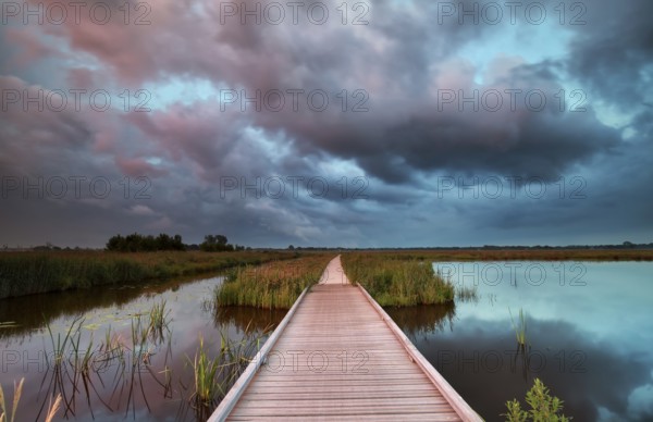 Wooden bike road on water at rainy sunset, Netherlands
