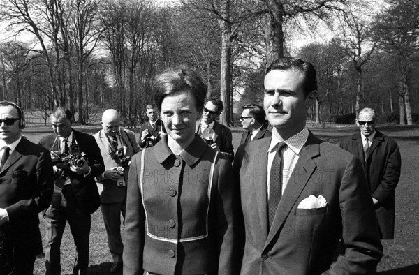 Margrethe II of Denmark. Pictured with Henri de Laborde de Monpezat at Fredensborg palace in Copenhagen in the spring of 1967, where the couple announces their marriage to come on june 10 1967. At this time Margrethe was crownprincess and heir to the throne, she became Queen of Denmark 15 january 1972