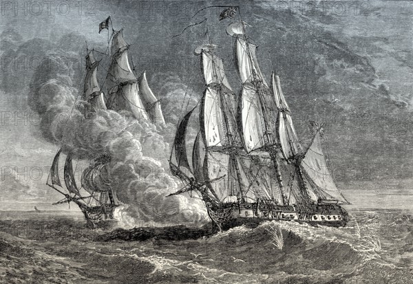 The fight between HMS Phoenix and French Ship Didon, 10 August 1805, Napoleonic wars, From British Battles on Land and Sea by James Grant