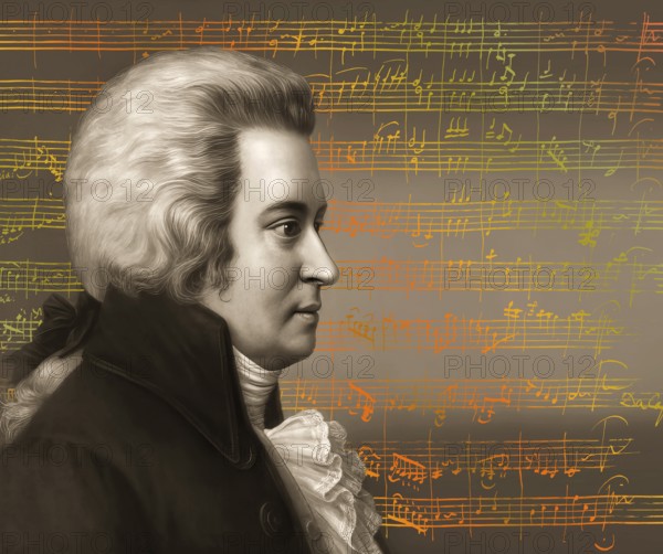 Wolfgang Amadeus Mozart, 1756 – 1791, composer of classical music, First Viennese School, notesheet from Minuet No. 2 for orchestra, KV 164, 1772, digitally edited