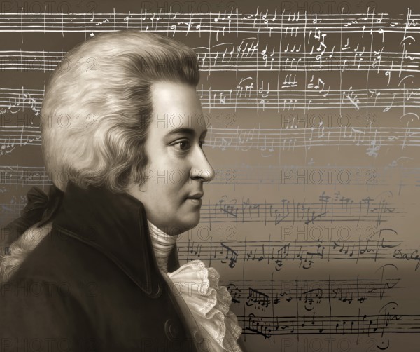 Wolfgang Amadeus Mozart, 1756 – 1791, composer of classical music, First Viennese School, notesheet from Minuet No. 2 for orchestra, KV 164, 1772, digitally edited