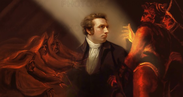 Henry Fuseli or Johann Heinrich Füssli, 1741 – 1825, Swiss painter, draughtsman and writer, digitally edited after Northcote, 1778, Prophecy from the witches, scene from The Tragedy of Macbeth by William Shakespeare