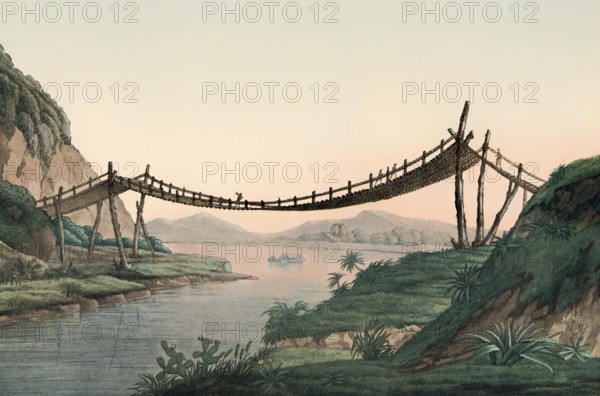 Rope bridge near Penipe, after a sketch by Humboldt from his travel writing “Vue des cordillieres“