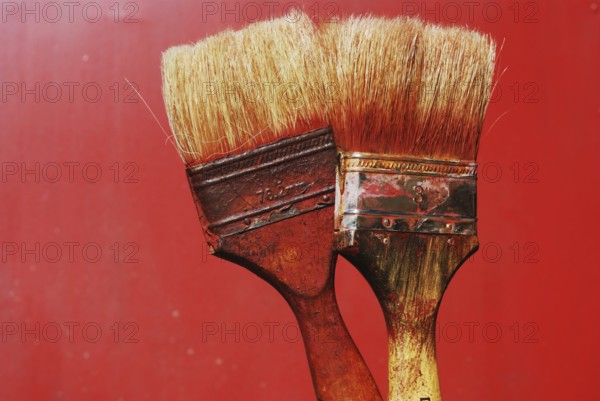 Closeup of two dirty paintbrushes against red background