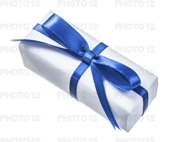 White present box with blue knot isolated on white