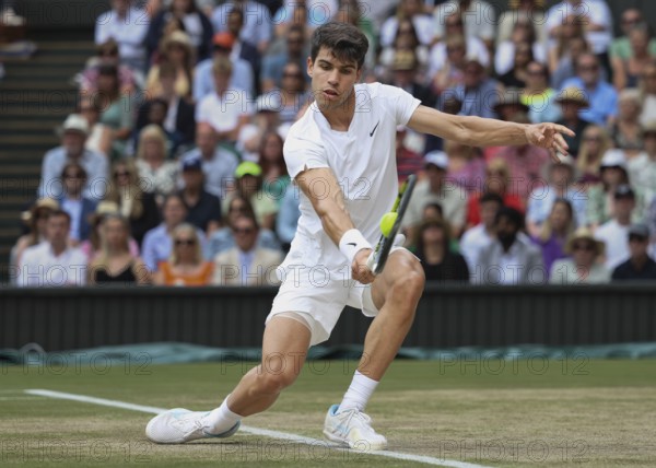 Spanish tennis player Carlos Alcaraz in action at the 2024 Wimbledon Championships, London, England, United Kingdom