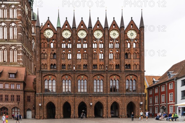 Stralsund, Germany, July 31, 2019: Scenic view of Alter Markt and the City Hall in the old town. Stralsund is a UNESCO World Heritage site