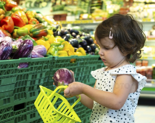 Child shopping eggplants in supermarket. Concept for buying fruits and vegetables in hypermarket. Little girl hold shopping basket