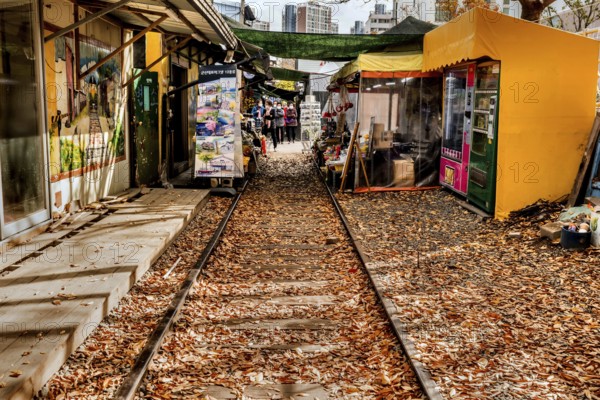 Gunsan, South Korea, November 3, 2020: Unidentified people walking through Gyeongamdong Railroad Town on autumn morning