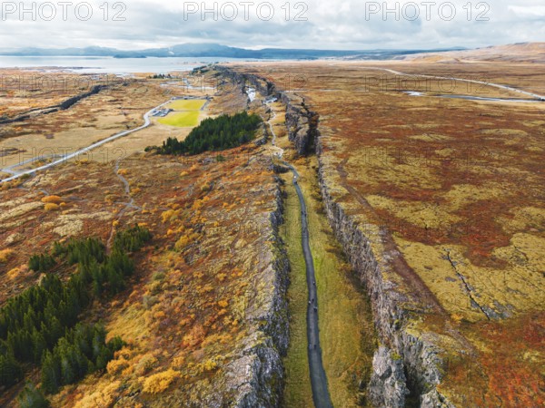 Aerial view of Thingvellir National Park, famous area in Iceland right on the spot where the Atlantic tectonic plates meets. UNESCO World Heritage Site, western Iceland, and site of the Althing.