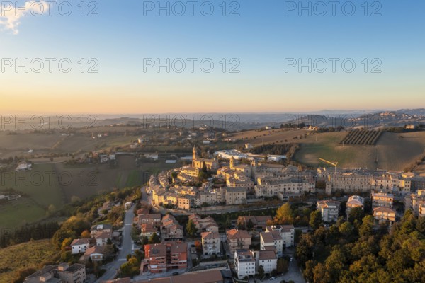A view of the village of Morrovalle in Marche Province in Italy in warm evening light