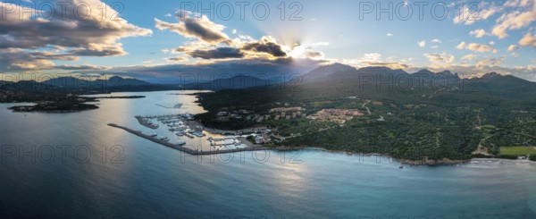 A panorama view of the coast and harbor of Portisco in Sardinia