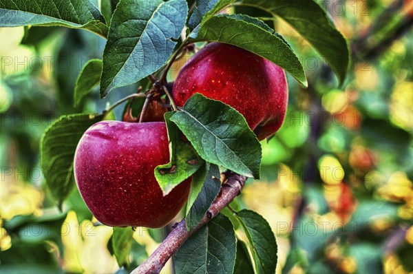 Branch with leaves with ripe apples summer harvest