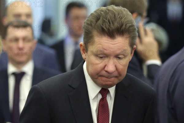Sofia, Bulgaria - 4 March, 2019: CEO of Russian energy company Gazprom Alexey Miller attends to a press conference of Bulgarian and Russian prime ministers