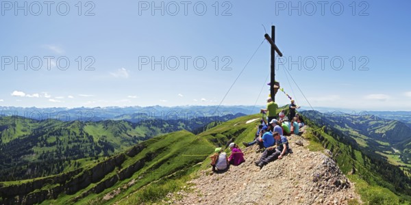 On the summit of the Rindalphorn with a view of the Allgäu Alps and the Alpine foothills, Nagelfluhkette, Allgäu