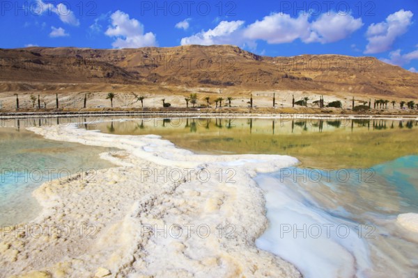 Therapeutic Dead Sea, Israel. The evaporated salt is precipitated by picturesque stripes in shallow water. The concept of medical and ecological tourism
