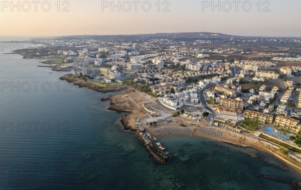 Coastline of touristic village of Pernera, Protaras Cyprus. Drone aerial scenery of holiday resort