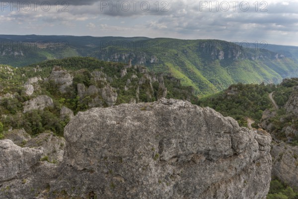 The city of stones, within Grands Causses Regional Natural Park, listed natural site with Dourbie Gorges at bottom. Aveyron, Cevennes, France