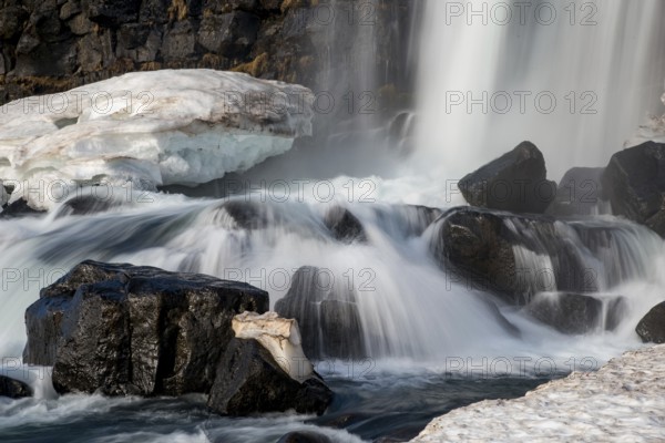 Water from waterfall splashing on a rocky river. The Oxararfoss waterfall in pingvellir Thingvellir national Park iceland