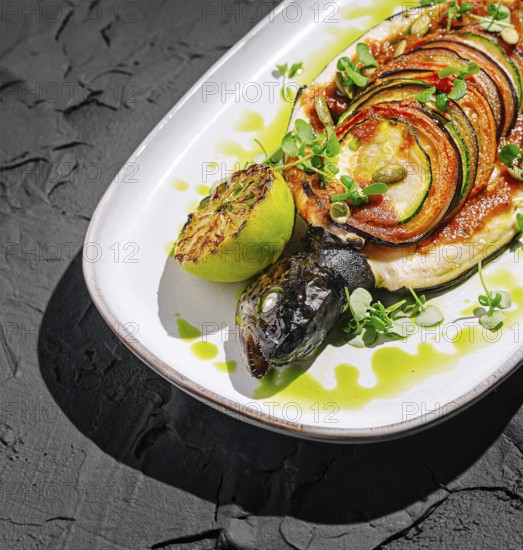Food, A beautifully plated dish showcases grilled fish shaped like a turtle, complemented by a colorful array of vegetables and garnished with fresh herbs, served on a stylish white plate