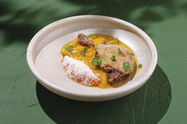 Food, This dish showcases duck breast elegantly arranged on a plate accompanied by a colorful mango puree and fresh herb garnishes. The presentation highlights culinary artistry
