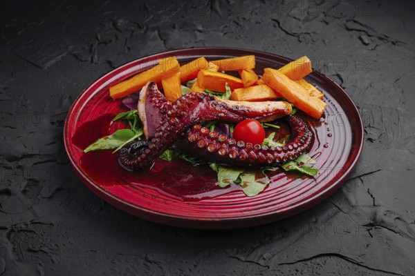 food still-life, A beautifully arranged dish features grilled octopus, bright red cherry tomatoes, and crispy sweet potato fries placed atop fresh greens. This culinary creation showcases vibrant colors and textures