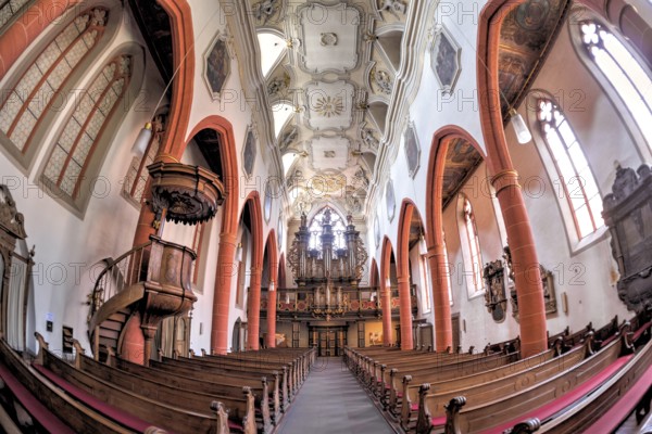Interior of the town church of Limburg in a distorted wide-angle shot, Limburg an der Lahn, Germany