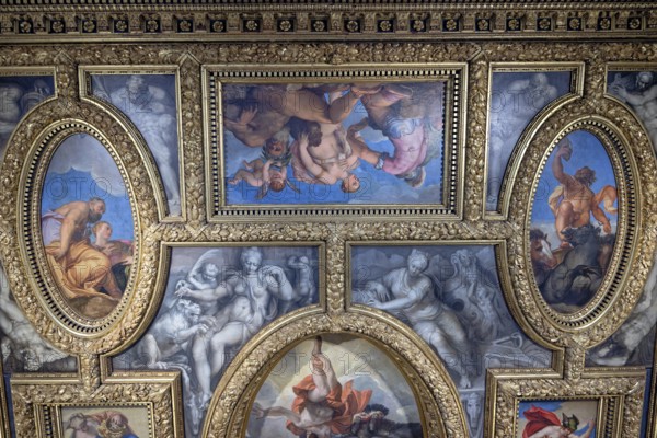 Baroque ceiling adorned with mythological frescoes, trompe l'oeil painting and gilded frames, Doge's Palace, Venice, Veneto, Italy