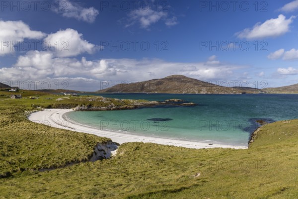 Sandy beach beach in the strait, Caolas Bhatarsaigh, Vatersay, Barra Island, Outer Hebrides, Scotland, Great Britain