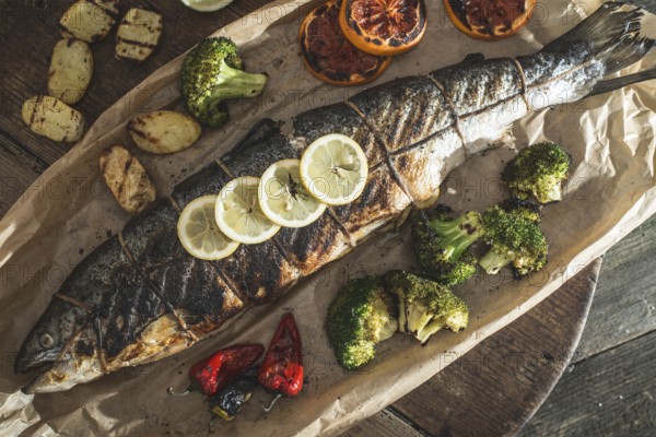 Roasted salmon and vegetables on vintage wooden table