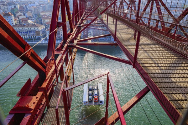 The gondola of Biscay Suspension Bridge in Portugalete. Bilbao, Basque country, Spain. Flying ferry across the Nervion River