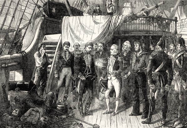 Admiral Horatio Nelson receiving the Spanish Admiral's sword, Battle of Cape St. Vincent, 1797, From British Battles on Land and Sea, by James Grant