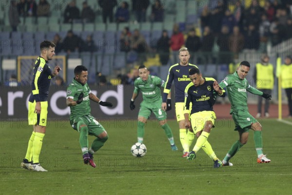 Sofia, Bulgaria - November 1, 2016: Ludogorets versus Arsenal players during UEFA Champions League football match between Ludogorets Razgrad and Arsenal at Bulgaria's National Stadium
