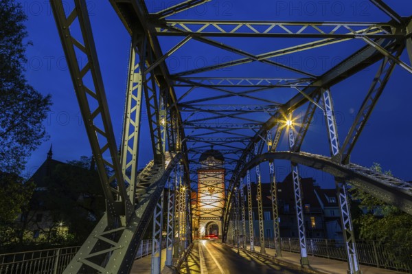 Waasenbrücke and Schwammerlturm, landmark of Leoben, blue hour, Leoben, Styria, Austria